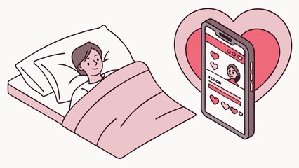 Woman Asleep in Bed Smartphone Showing Dating App Profile.