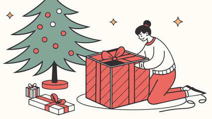 Woman opening a Christmas gift next to a decorated tree.