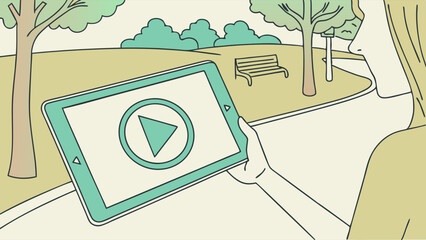 Woman watching video on tablet in park illustration.