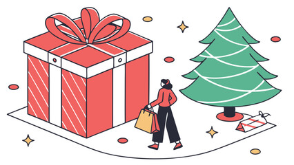 Woman Shopping for Christmas Presents near a Big Gift Box and Tree.