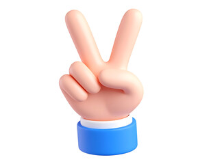 3D cartoon hand showing peace sign gesture with two fingers raised, soft rounded edge