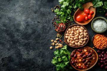 Fototapeta premium Beans and vegetables arranged in a colorful display.