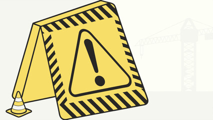 Yellow Caution Sign with Exclamation Point and Traffic Cone.