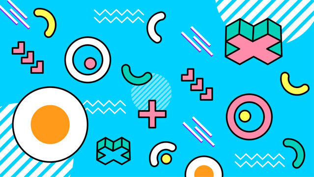 Vibrant 80s geometric shapes. Perfect for retro themed designs, backgrounds, and advertising campaigns needing a bold, colorful aesthetic. Ideal for creative projects.