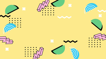 Yellow background with colorful 80s style shapes. Vibrant design for retro party invitations, flyers, social media graphics, and product packaging.