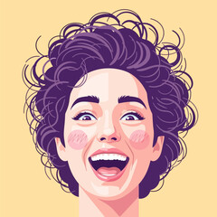 Laughing Woman Portrait with Curly Hair on Yellow Background