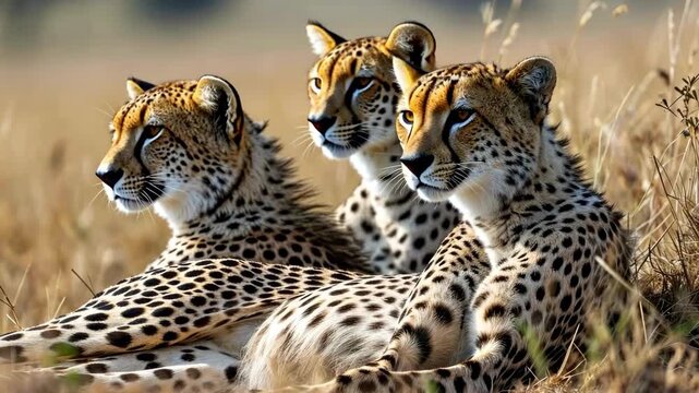 Three Cheetahs resting in tall grass, close-up. Wildlife, animals, nature, predator, feline, savanna, outdoors, grassland.