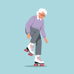 Active Mature Woman Roller Skating on Blue Background