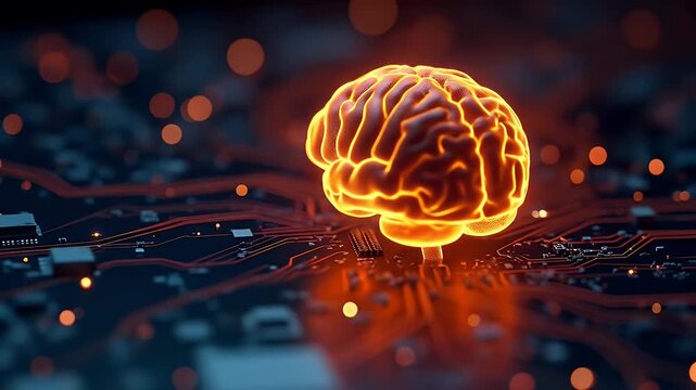 A glowing orange wireframe model of a human brain emerging from a digital circuit board, with neural pathways highlighted, symbolizing artificial intelligence, neural computing, and cognitive tech evo