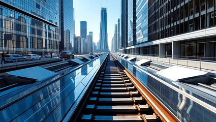 Fototapeta premium Perspective view of city train tracks with skyscrapers and cars on the side of the road
