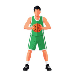 Male Basketball Player Holding Orange Ball in Green Uniform Flat Illustration