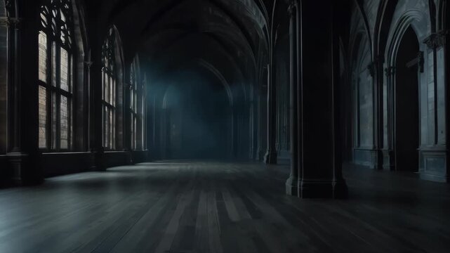 Dramatic gothic architecture hall with arched windows, columns, dark wood floor, and central light.