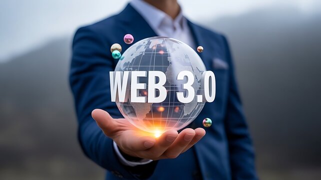 Businessman holding a globe with Web 3 0 text representing the future of internet - Powered by Adobe