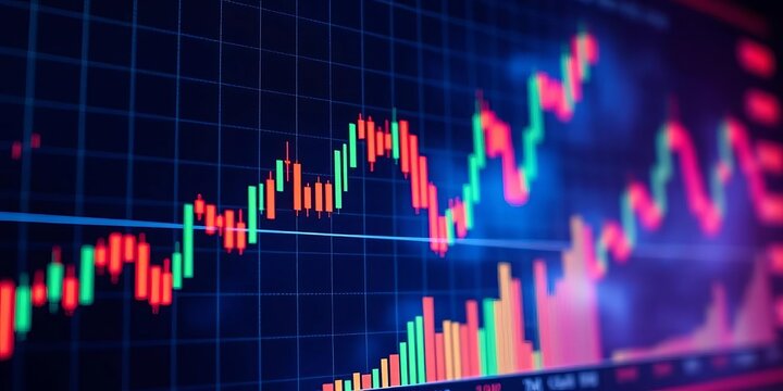 Dynamic candlestick chart visualizing stock market trends, highlighting upward price movements, bull market, investment strategy