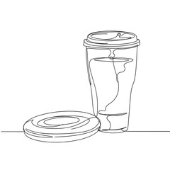 Line art coffee glass with pastry on table, minimalist black and white breakfast concept on transparent background