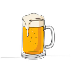 Glass of beer with foam in color on line drawing mug, celebration drink concept  on transparent background