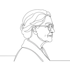 Elderly American woman in profile, glasses and calm demeanor, line art  on transparent background