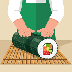 Sushi Roll Being Made on Bamboo Mat with Green Apron Chef Hands