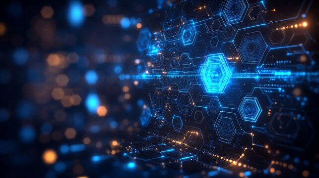 Futuristic hexagon interface with glowing bokeh lights in a digital network pattern, symbolizing AI data systems, blockchain processing, virtual communication, high-tech intelligence, and innovation - Powered by Adobe
