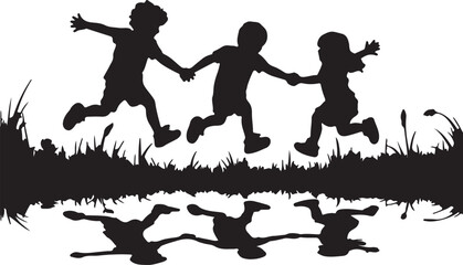 Children jumping and holding hands over grass and water vector