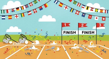 Egg and Spoon Race Illustration with International Flags and Confetti a Fun and Festive Celebration