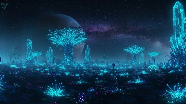 Vibrant alien landscape with glowing flora under stars