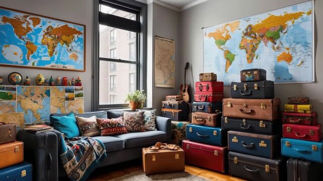 Eclectic living room interior with vintage suitcases stacked near a couch and world maps, promoting travel and wanderlust.