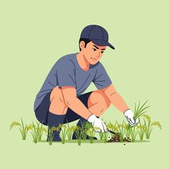 Focused Man Wearing Cap Planting Rice Seedlings in Field on Green Background