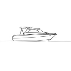 Line art motorboat on water, monochrome sketch for nautical themes , transparent background