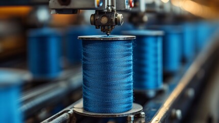 Macro view of blue industrial thread spools aligned on automated textile machinery in a modern factory setting, showcasing production symmetry, technology precision, and large-scale fabric processing
