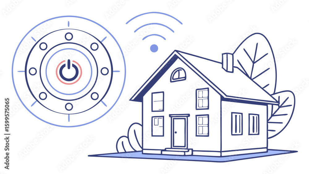 Poster smart home control system with house and power button icon.