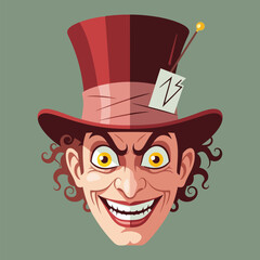 Cartoon Man Wearing Tall Red Hat Grinning with Intense Yellow Eyes
