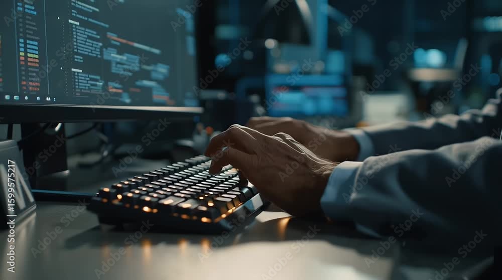 Poster close-up of hand typing on keyboard with computer code on screen in dark room