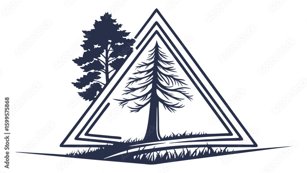 Poster stylized forest scene featuring trees within a triangle frame.