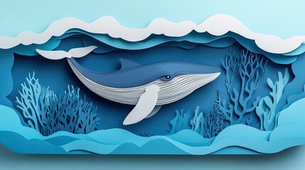 Whale swimming through paper cutout ocean scene, creative papercraft artwork for wildlife, ocean or educational themes