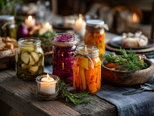 A table set with variety of pickled vegetables and candles, creating a cozy ambiance. The jars filled with colorful pickles sit on a wooden table, with a few candles