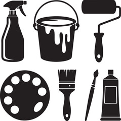 Painting supplies silhouette spray bottle paint bucket roller brush palette tube tools