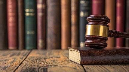 A wooden judge's gavel resting on a book with a blurred background of law books.