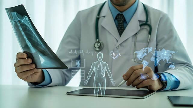 Doctor using digital tablet with medical interface and examining chest X ray