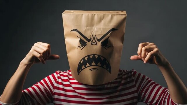 Person with Angry Paper Bag Mask Expressing Frustration Through Gesture in Dramatic Lighting