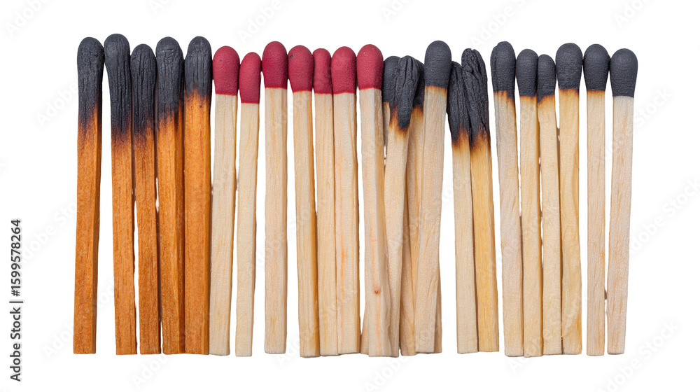 Poster burnt matchstick isolated on transparent background with red and black heads