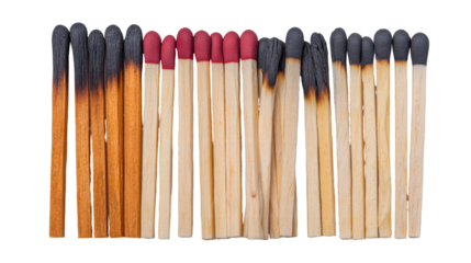 Burnt matchstick isolated on transparent background with red and black heads