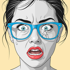 Frightened Woman with Broken Blue Eyeglasses and Red Lips Comic Style