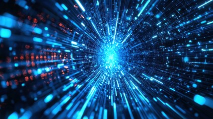 Fototapeta premium A blue and black tunnel with glowing blue lights and particles moving through it.