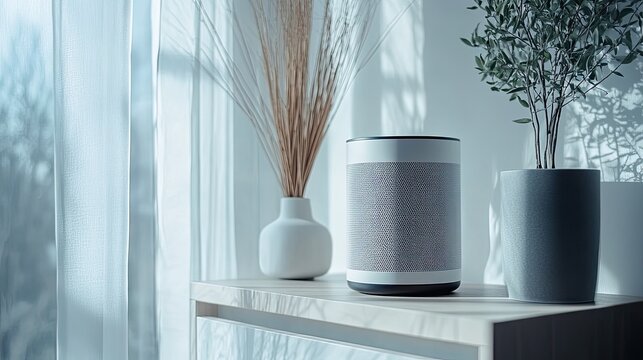 Wireless speaker placed on shelf in minimal room interior, modern lifestyle audio tech branding and decor concept