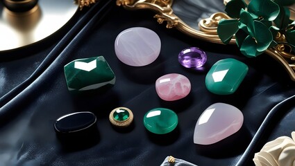 jewelry and luxury concept - close up of precious stones on black satin background