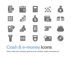 お金,電子マネー,紙幣,コイン等のアイコンセット。現金やポイント,クレジットカード等のシンプルなシルエットイラスト