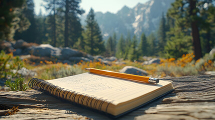 A notebook and pencil rest on a log in a forest setting.