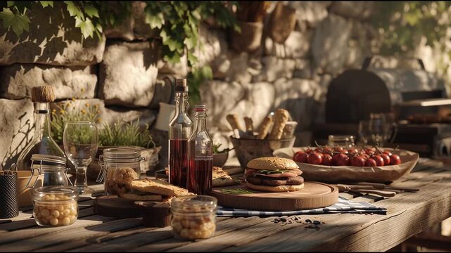 An inviting outdoor summer barbecue setting with a gourmet burger and fresh ingredients on a rustic wooden table.