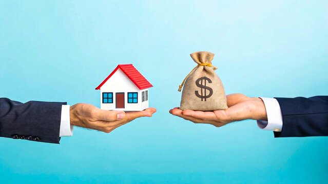 Real estate transaction concept with house and money bag held by business hands
